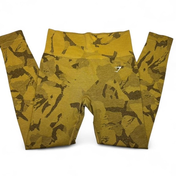 Gymshark Womens Small Camo Adapt Seamless Gym Leggings Yellow Camouflage Savanna - Picture 1 of 8